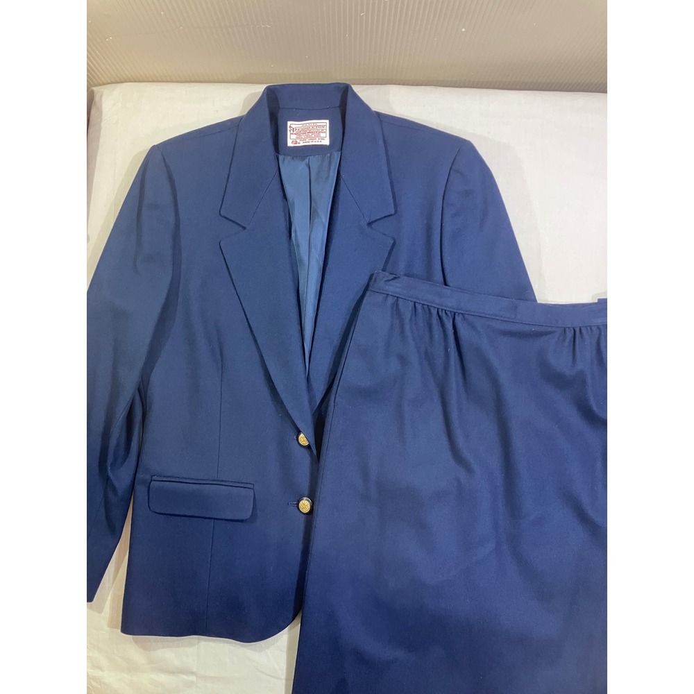 Vintage Pendleton Petite Navy Blue Wool Skirt Suit Set Blazer Size‎ 12 Made USA